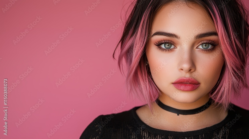 A woman with pink hair wearing a black top A woman with pink hair wearing a black top