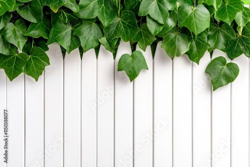 A photostock of lush green ivy cascading along a white picket fence, isolated on a clean white background, fresh and decorative, High Quality photo