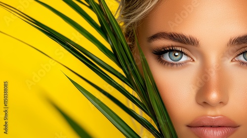 A woman with blue eyes and a green leaf in front of her face