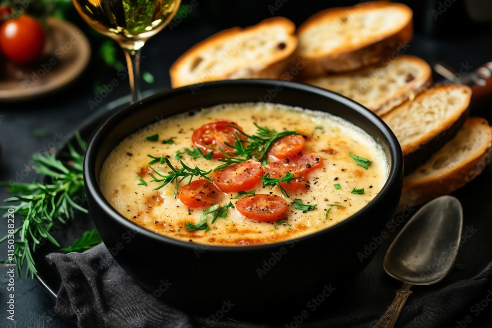 hot melted cheese dip with a tomato topping in a black ceramic dish, served with golden toasted bread slices, garnished with fresh herbs, cozy festive atmosphere hot melted cheese dip with a tomato topping in a black ceramic dish, served with golden toasted bread slices, garnished with fresh herbs, cozy festive atmosphere