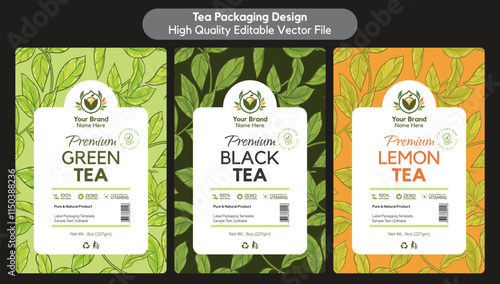 Editable Tea Label  Stand up Pouch Packaging Design Template Green Tea, Black Tea, Lemon Tea and Herbal Tea label template download