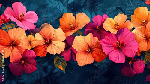 Wallpaper Mural Colorful illustration of abstract flowers for wallpaper decoration or background, with artistic textures and drawings of graphic floral plants, showcasing blooming tropical botany Torontodigital.ca