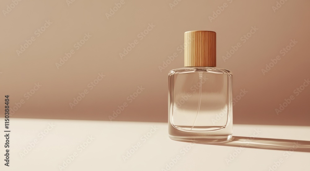 Clear glass perfume bottle with wooden cap on beige background. Clear glass perfume bottle with wooden cap on beige background.