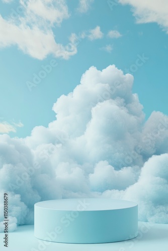 a podium with a cloud background, in a blue pastel color
