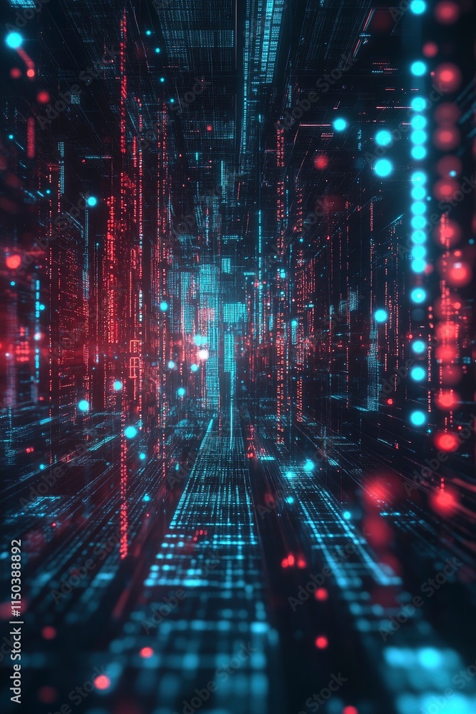 Fototapeta premium represent the dynamic nature of data technology in cybersecurity, futuristic digital background with glowing blue and red holographic code symbols