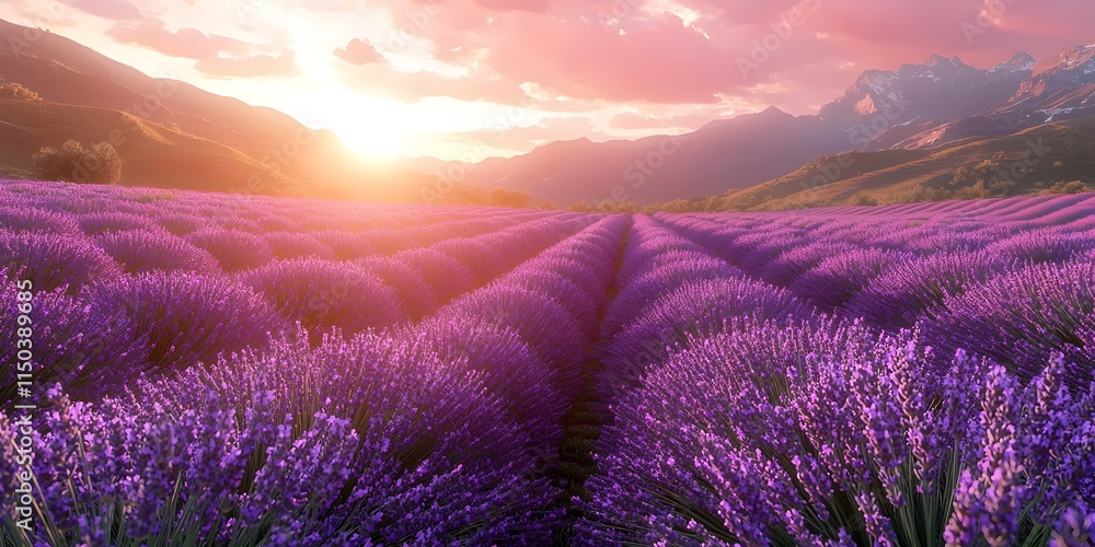 Obraz premium A breathtaking sunrise over a vibrant lavender field, with rolling hills and distant mountains creating a serene landscape filled with shades of purple and soft hues of pink.