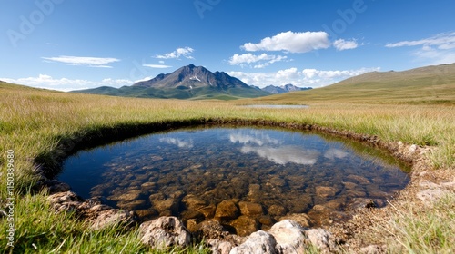 Wallpaper Mural A small pond in the middle of a grassy field with mountains in the background Torontodigital.ca