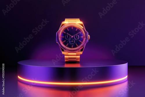 Gold Wristwatch Displayed on Purple Platform photo