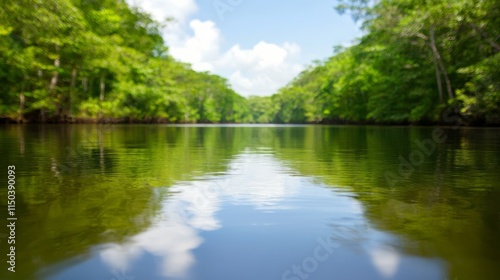 A body of water surrounded by trees and clouds