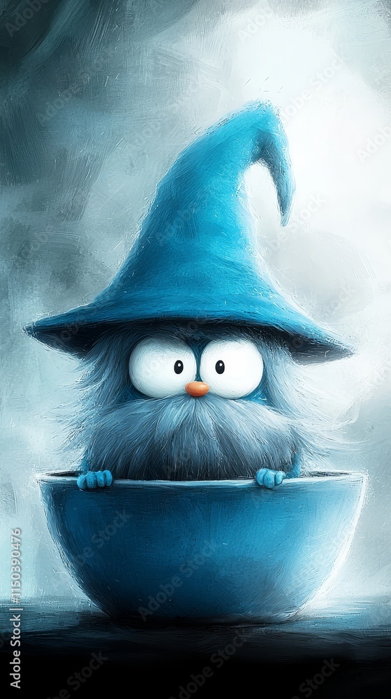 Fototapeta premium A blue gnome sitting in a blue bowl with a hat on