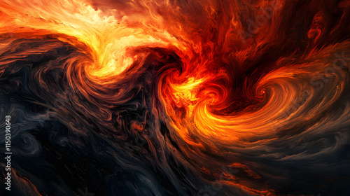 A surreal sky filled with swirling shades of vermilion and scarlet during a fiery sunset. photo