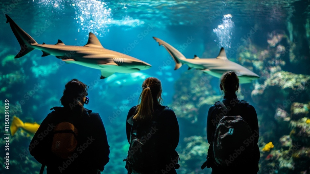 Fototapeta premium Explore the beauty of the ocean with sharks swimming gracefully. Experience the awe of underwater life. Witness the wonders of marine ecology. Generative AI