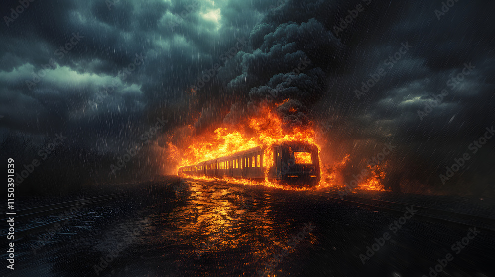 A train engulfed in flames as it derails in a dark stormy landscape with thick smoke pouring into the thunderous sky.