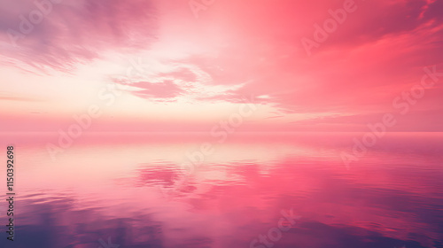 A tranquil red sky fading into soft pink hues over a still lake perfectly mirroring the colors. photo