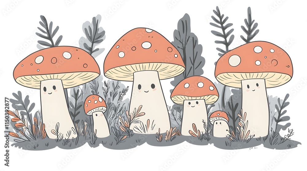 Adorable Cartoon Mushrooms Growing In A Forest Scene Adorable Cartoon Mushrooms Growing In A Forest Scene
