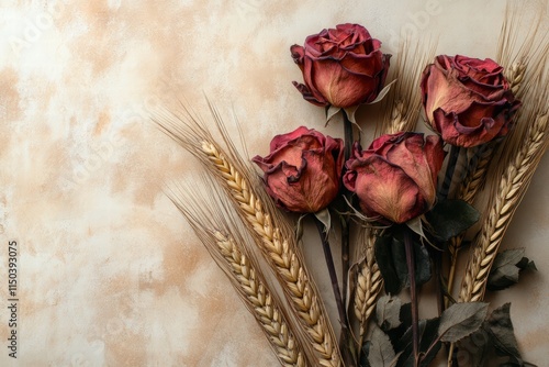 display of dried roses and wheat stalks on a faded beige background, incorporating soft lighting to enhance the nostalgic vibe