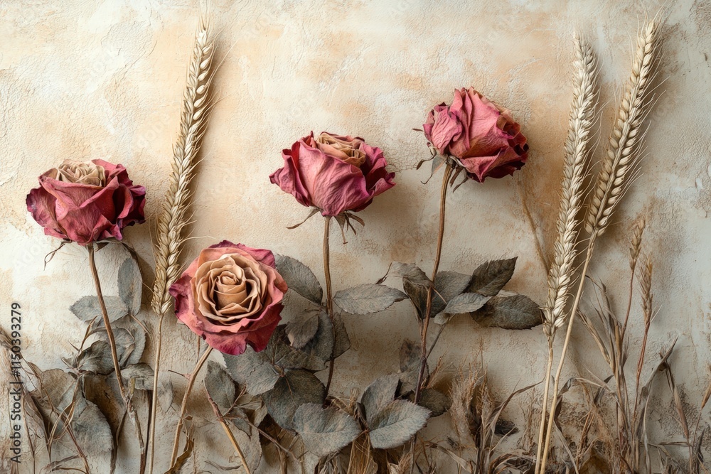 display of dried roses and wheat stalks on a faded beige background, incorporating soft lighting to enhance the nostalgic vibe