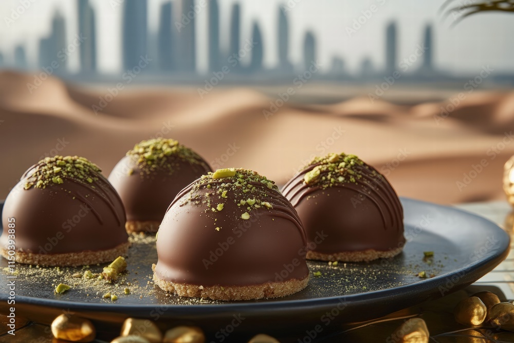 Dubai dessert platter featuring rich milk chocolate filled with warm kunefe, elegantly drizzled with smooth pistachio paste