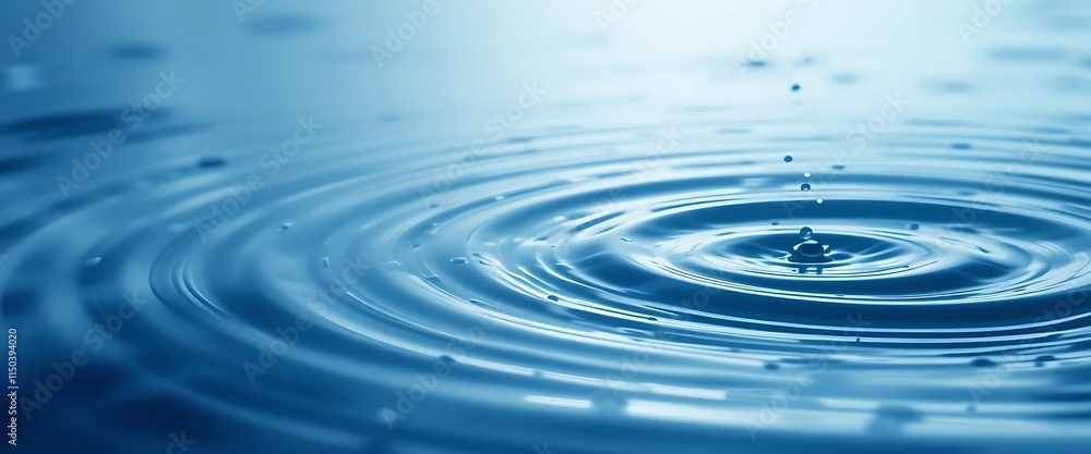 Water Droplet Impacting Still Blue Water Creating Concentric Ripples Serene Scene Water Droplet Impacting Still Blue Water Creating Concentric Ripples Serene Scene