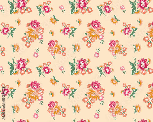 Seamless design. Colorful abstract flowers bouquet on a light color background.
