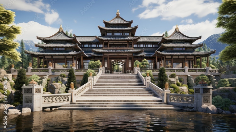 Serene Mountaintop Temple: A Digital Rendering of Tranquil Asian Architecture Serene Mountaintop Temple: A Digital Rendering of Tranquil Asian Architecture