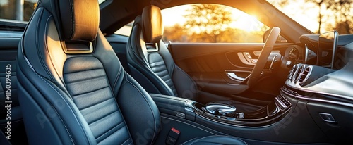 Luxurious interior of modern sports car at sunset with black leather seats
