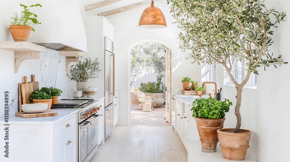 Bright white kitchen with olive trees, marble counters, and wooden accents. Bright white kitchen with olive trees, marble counters, and wooden accents.