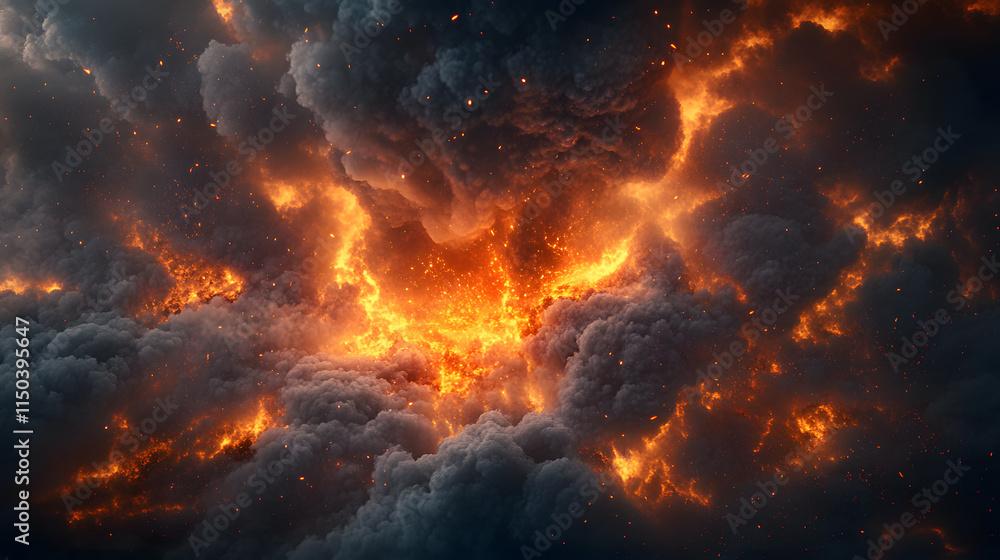 A volcanic eruption with molten lava and fiery streams surrounded by dense black smoke consuming a barren landscape. A volcanic eruption with molten lava and fiery streams surrounded by dense black smoke consuming a barren landscape.