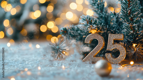 Metal numbers 2025 on a white table with Christmas trees and bokeh lights. Happy New Year 2025 is coming concept. photo