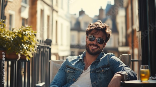 Relaxed man in sunglasses enjoying a sunny day on a balcony with a drink. Happiness and leisure define his moment.