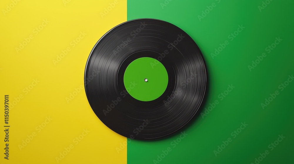 Vibrant Vinyl Record on Bright Yellow and Green Background Vibrant Vinyl Record on Bright Yellow and Green Background
