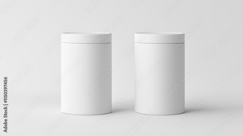 Cylindrical White Jars with Smooth Matte Finish on Light Gray Background Cylindrical White Jars with Smooth Matte Finish on Light Gray Background