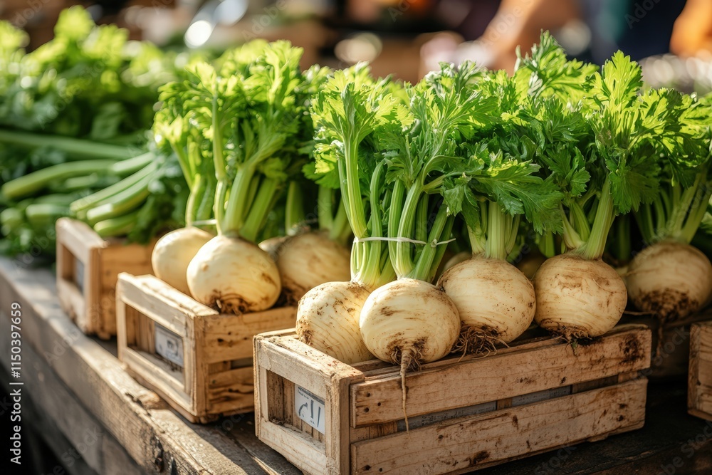 farmer's market scene featuring freshly harvested celery roots with lush green tops