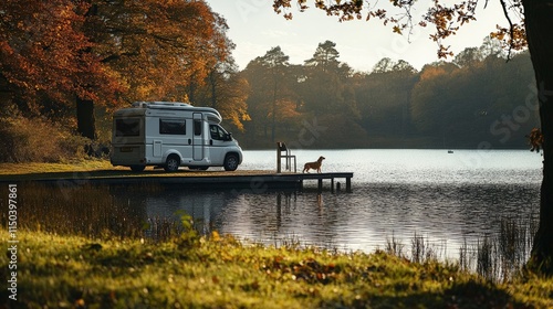 Peaceful camping by the lake with a camper van and a dog enjoying the serene autumn scenery.