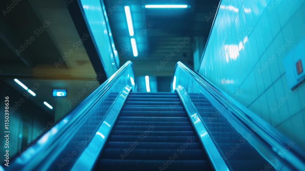 Empty escalator in a blue-lit subway. Perfect for themes of transportation, travel, or modern architecture. Empty escalator in a blue-lit subway. Perfect for themes of transportation, travel, or modern architecture.