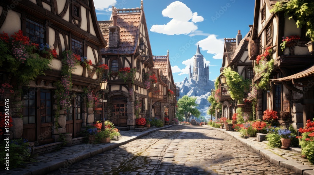 Fototapeta premium Charming Medieval Village Street Scene