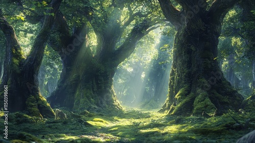 
Sunlight filters through the leaves of a majestic tree in the lush green forest, casting dappled shadows on the crystal-clear rive