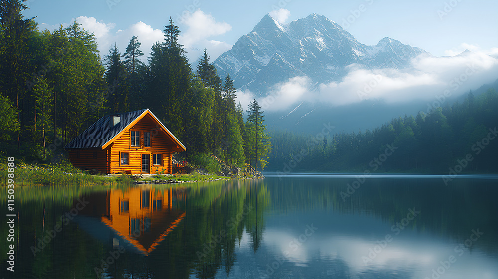 Fototapeta premium Enjoy a peaceful retreat in a cozy cabin by the lake, surrounded by majestic mountains and lush trees, perfect for unwinding and connecting with nature