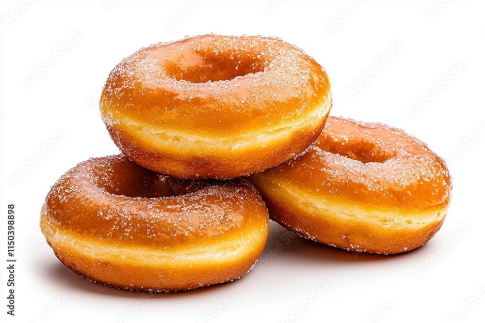 A photostock of freshly baked golden donuts glazed with sugar, appetizing and bright, isolated on a clean white background, High Quality