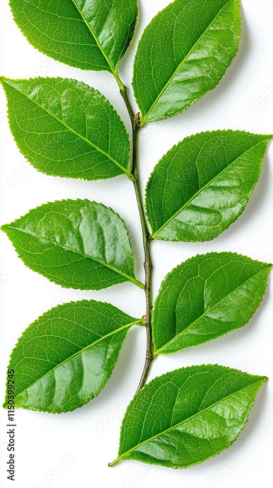 Obraz premium A photostock of freshly cut green tea leaves arranged symmetrically, organic and crisp, isolated on a clean white background, High Quality