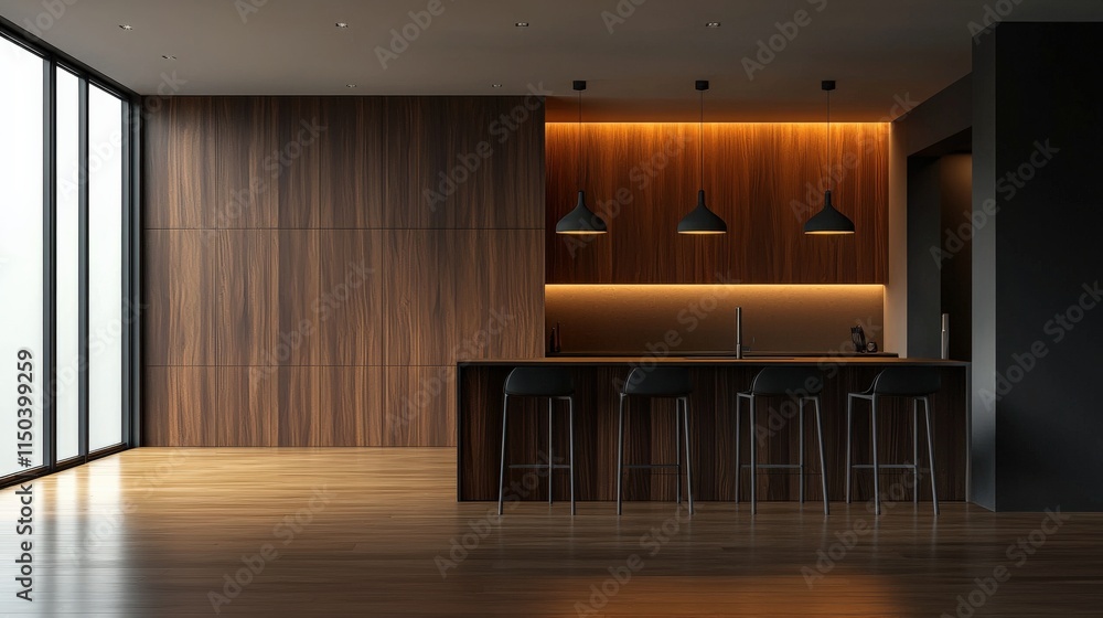 Fototapeta premium A sleek wooden stage set in a modern kitchen illuminated by soft daylight