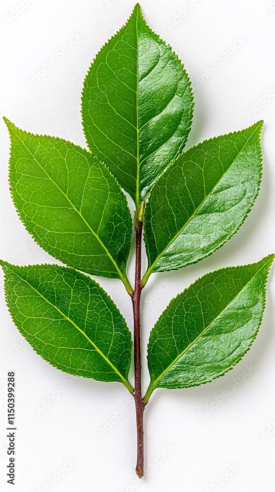 Obraz premium A photostock of freshly cut green tea leaves arranged symmetrically, organic and crisp, isolated on a clean white background, High Quality