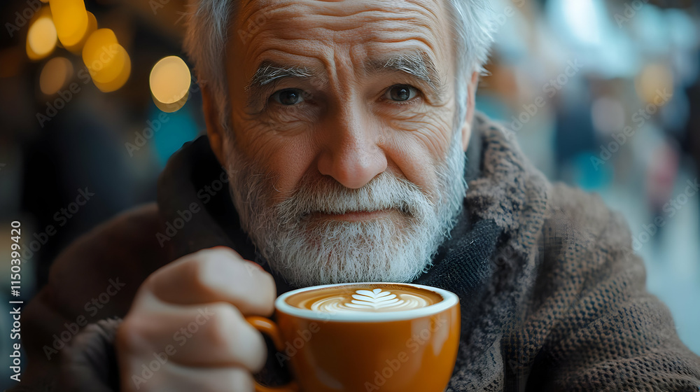 Senior Man Enjoying Latte Art Coffee Photo Senior Man Enjoying Latte Art Coffee Photo