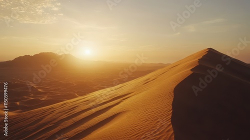 The vibrant orange hues of the Sahara sunset paint the vast, windswept sand dunes of the Moroccan desert, casting long shadows across the arid landscape