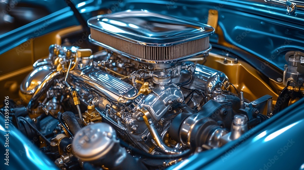 Classic car engine close-up, chrome and gold details. Classic car engine close-up, chrome and gold details.