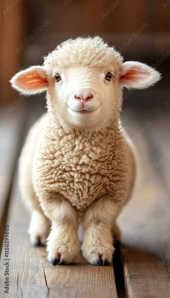 Obraz premium A cute, fluffy lamb standing on wooden flooring, exuding a friendly demeanor.