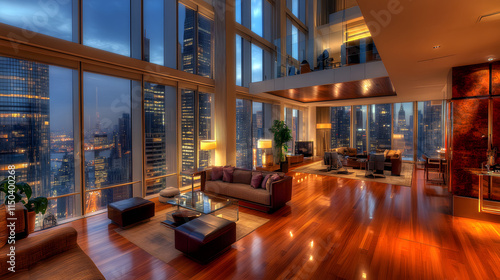 A grand penthouse living space with polished wooden floors chic furniture and panoramic windows framing a luminous cityscape. photo