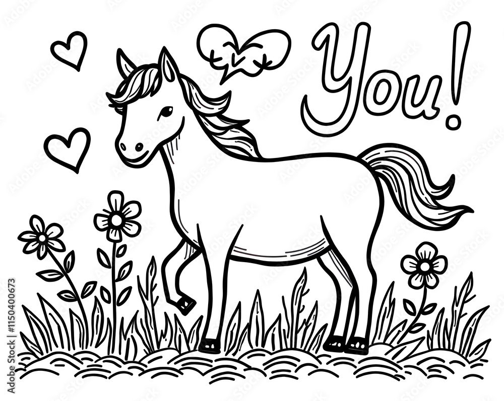 Fototapeta premium Happy Horse in Spring Meadow with Hearts