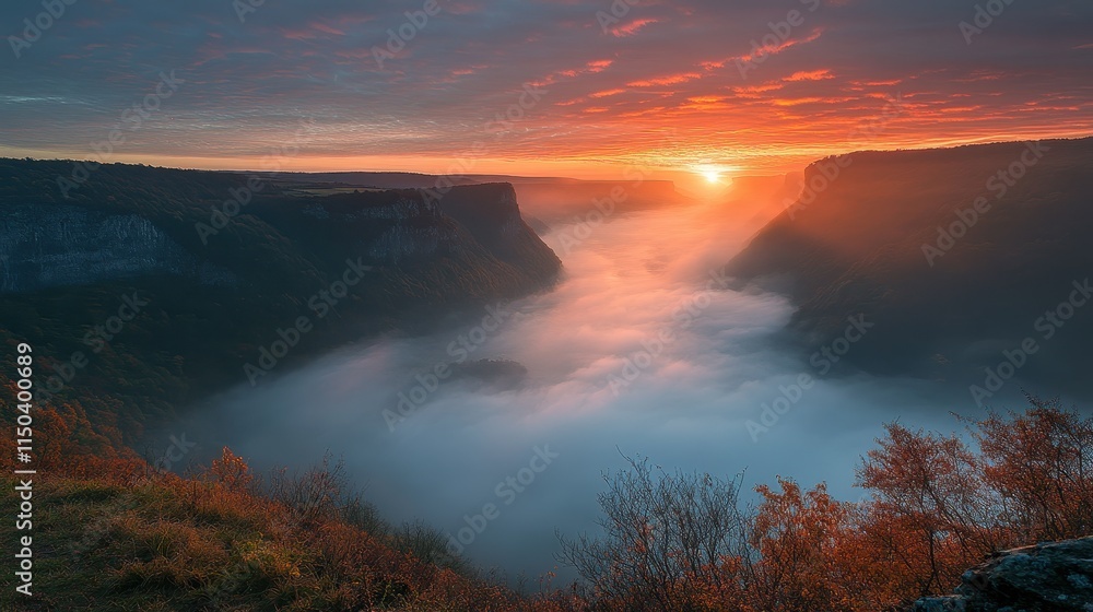 Naklejka premium The vibrant orange hues of the sunrise paint the sky above the majestic mountains, casting a warm glow on the tranquil lake below