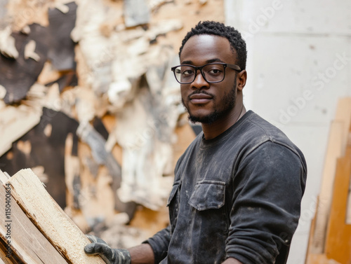 Skilled woodworker shaping a wooden piece in a bustling workshop during daylight hours photo